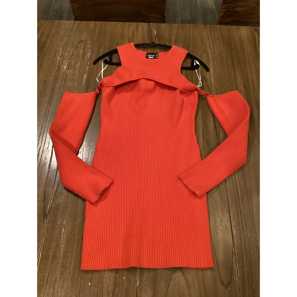 Herve By Herve Leger Orange Ribbed Knit Long Sleeve Cold Shoulder Mini Dress L - Picture 6 of 11